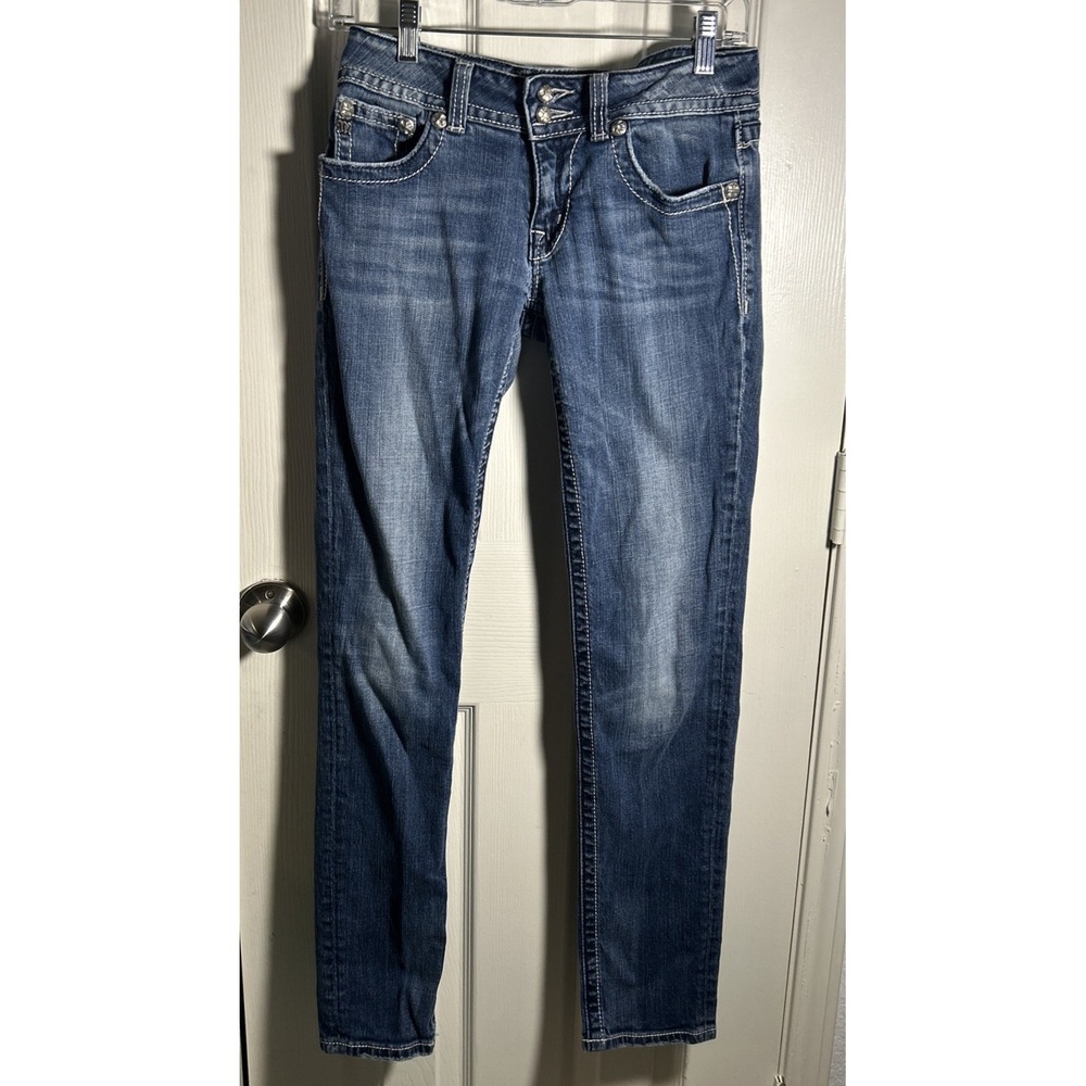Miss Me Women's Blue Size 29 Skinny Mid Rise Jeans Embroidered Rhinestone